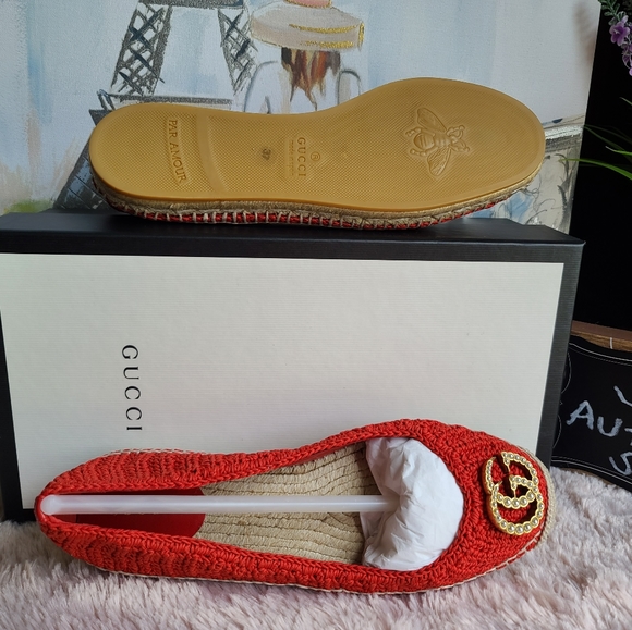 GUCCI Red Lilibeth Gg Faux Pearl-embellished Espadrilles Flats Size 7 - Picture 7 of 11